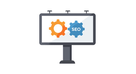 Billboard with gears and SEO text, representing search engine optimization.