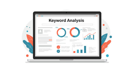 Naklejka premium Laptop displaying keyword analysis data with charts and graphs on screen.