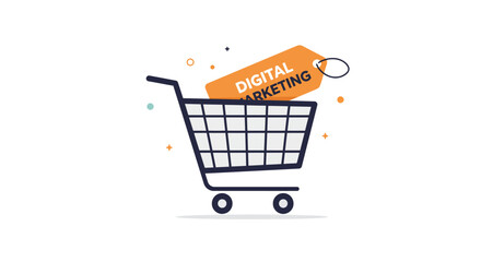 Shopping cart with digital marketing tag, illustration. © Nomads Studio