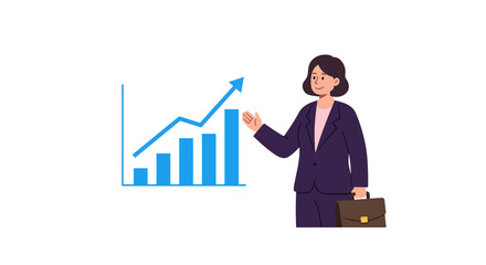 Businesswoman presenting a growth chart with upward trend.