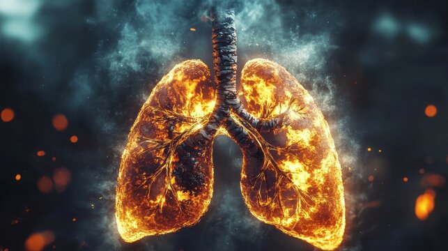 Digital artwork of human lungs burning with orange flames on dark background, symbolizing health risk, disease, and pollution, representing the fragility of breath and life in modern medical concept
