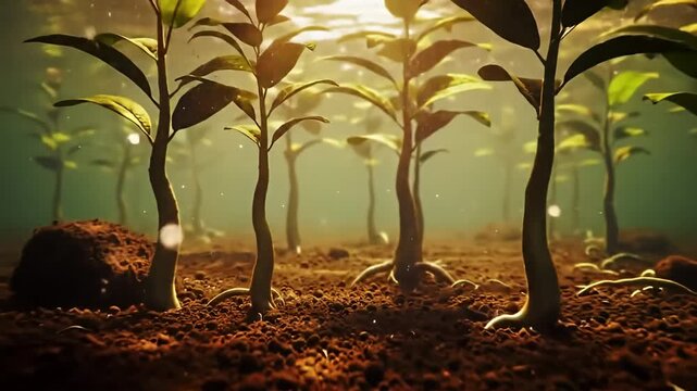 Serene underwater view of young plants sprouting from the muddy floor, illuminated softly