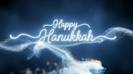 Happy Hanukkah greeting with glowing neon text and blue particle trails. Ideal for holiday greetings, social media posts, event promotions, and presentations celebrating the Festival of Lights. - Powered by Adobe