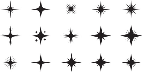 Set of Black Starburst and Sparkle Icons &mdash; Minimalist Vector Collection of Shining Stars and Light Effects on White Background