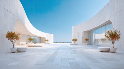 Modern White Architectural Courtyard with Curved Walls Large Windows and Potted Trees Under a Clear Blue Sky