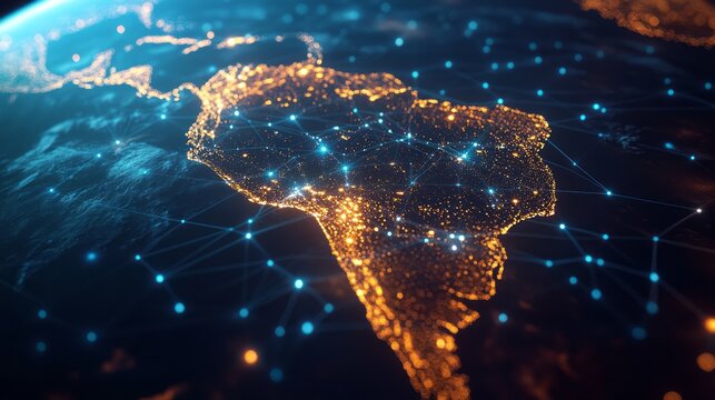 Digital glowing map of Earth showing connection lines and illuminated continents, symbolizing technology, communication, and global network, representing innovation, progress, and modern data world