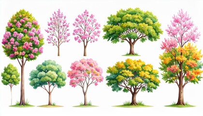Fototapeta premium Colorful Blooming Trees Watercolor Illustration Set