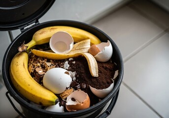 Naklejka premium Compost bucket scraps filled with banana peel, eggshells, and coffee grounds for recycling