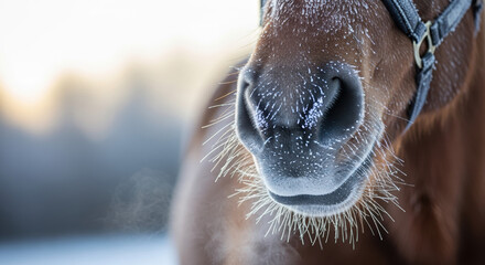 Naklejka premium Frozen horse nose close up shows texture of skin with ice crystals, horse nose is a stark contrast to the blurred winter background. Details on a frozen horse nose reveal nature’s beauty.