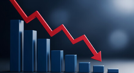 A red zigzag arrow plunges over blue bar chart, signaling a sharp market decline. It hints decline.!