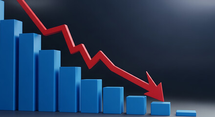3D blue bar chart with a red downward trend line against a dark background, signaling decline. today