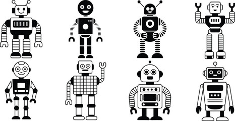 Obraz premium Collection of eight retro style cartoon robots in black and white