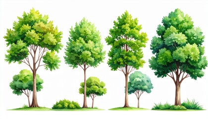 Set of Various Height Green Trees Watercolor Illustration