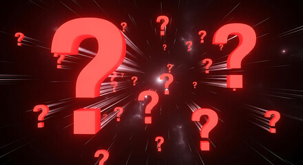 Floating red question marks swirl against a dark radiant backdrop, evoking mystery and curiosity now