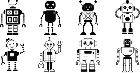 Naklejka premium Collection of eight unique cartoon robots in black and white illustration