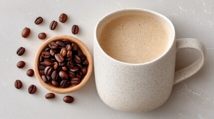 Styled Flat Lay Of Roasted Coffee Beans Scattered Around A Speckled Mug Filled With Frothy Coffee On A Glittering Silver Surface