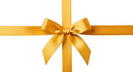 Horizontal gold ribbon bow for gift packing isolated on transparent background.