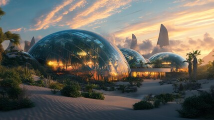 A vast futuristic glass biodome glows beneath the golden sunset sky, surrounded by natural landscape and palm trees, symbolizing sustainability perfect balance between modern architecture and nature