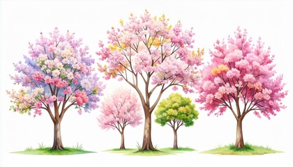 Obraz premium Watercolor Cherry Blossom and Green Tree Set