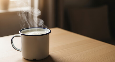 Obraz premium Enjoying a hot drink on table, featuring steam rising from mug. Enjoying hot drink provides a relaxing moment with a steaming beverage indoors. Concept hot drink for cozy days,