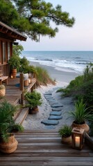 Tranquil beachfront path with illuminated lanterns leads to a rustic wooden cabin at twilight with ocean waves and sandy shore under a soft sky