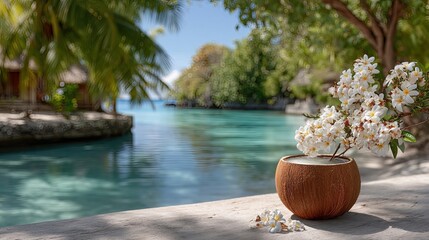 Tropical Coconut Drink With White Flower Garnish On A Sandy Beach With Palm Trees And Turquoise Water In Bora Bora France