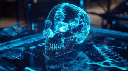 Futuristic digital blue skull with glowing lines and holographic details, symbolizing technology, artificial intelligence, and science, representing innovation, anatomy, and modern cyber concept ad