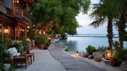 Twilight Beachfront Scene With Outdoor Seating and Romantic Lanterns Lit Along a Sandy Path Next to Tropical Trees and Calm Ocean Waters