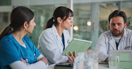 Meeting, team and doctors on tablet in hospital for diagnosis, medical report and patient results. Healthcare, collaboration and people in discussion on digital tech for research, planning and advice - Powered by Adobe