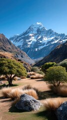 Vast Grassy Plateau With Scattered Trees Leads Towards A Snow Capped Mountain Peak Under A Clear Blue Sky In The Daytime