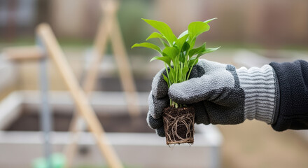Holding young plant shows care, new life, and earth friendly practices. Young plant, held gently in gloved hand, symbolizes growth, renewal, and our connection to environment.