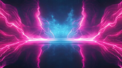 Vivid abstract light explosion with neon pink and electric blue energy waves reflecting in symmetry, representing futuristic power digital creation and imagination in vibrant motion of modern artistic