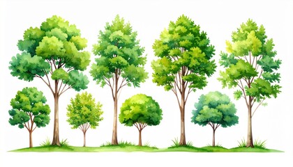 Watercolor Green Tree Set with Grass Base
