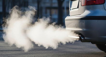 Car exhaust emissions pollute city air, billowing from exhaust pipe. Vehicle exhaust highlights contribution to air pollution from car engine.