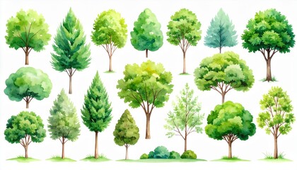 Fototapeta premium Watercolor Green Tree Set Various Evergreen and Deciduous