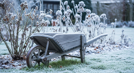 Snowy garden scene featuring frost covered wheelbarrow, showcasing winter's embrace and tranquility. Frost covered wheelbarrow is surrounded by plants dusted with frost, evoking a sense of stillness.