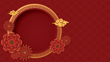 Blank 3D circle frame with clouds and flowers oriental style on red background.