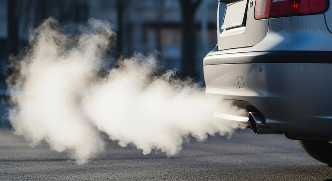 Car exhaust emissions pollute city air, billowing from exhaust pipe. Vehicle exhaust highlights contribution to air pollution from car engine.
