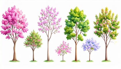 Obraz premium Watercolor Blooming Pink and Green Tree Illustration Set