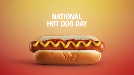 A hot dog with mustard and ketchup on a bun, celebrating National Hot Dog Day against a gradient background