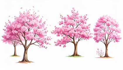 Obraz premium Watercolor Pink Cherry Blossom Tree Set
