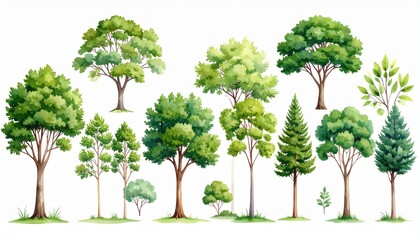 Obraz premium Watercolor Green Tree Illustration Set Diverse Species