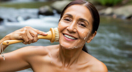 Joyful mature woman embracing a natural wellness lifestyle, performing a morning skincare ritual in a peaceful river