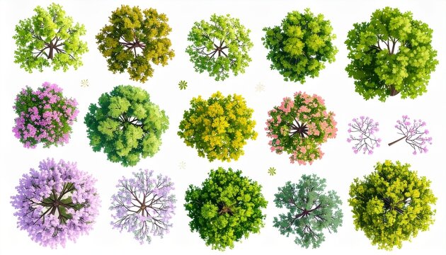 Top View Blooming Tree and Bush Set Vector