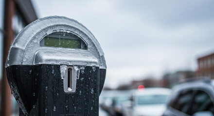 Close-up of a frozen parking meter after ice storm, freezing rain covers everything. Frozen parking meter shows the aftermath of an intense winter weather event.