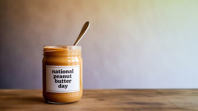 A jar of peanut butter with a spoon and a label reading 'National Peanut Butter Day' on a wooden surface.