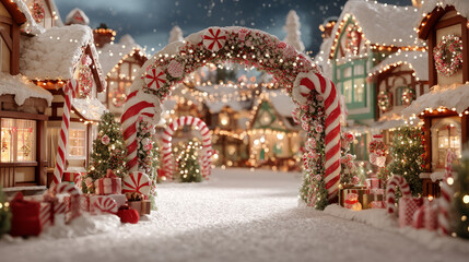 A Festive Christmas Village Scene Decorated with Candy Canes and Lights