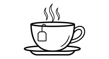 A steaming cup of tea with a teabag, a comforting and simple line art illustration, perfect for beverage designs
