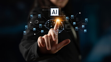 Fototapeta premium AI neural network and data processing system visualizing artificial intelligence with brain structure, chip, and connected data blocks for computation and learning Latch