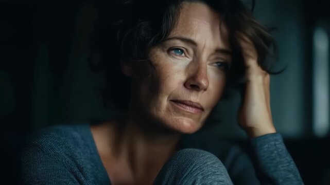 Middle aged woman with dark disheveled hair appears deeply contemplative while sitting indoors during evening hours in a cozy setting